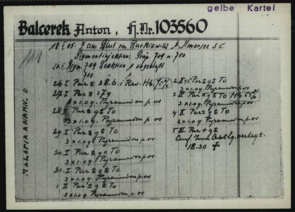 Fig. 5: “Malaria card” for the Dachau concentration camp inmate Anton Balcerek who died as a result of the experiment conducted on him. The ITS is not in possession of the original cards but of the microfilm versions. (1.1.6.9/10793485/ITS Digital Archives, Bad Arolsen)