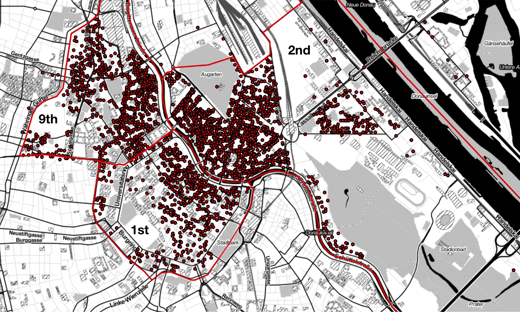 Fig. 4: Density of Jewish residences in the 1st, 2nd and 9th district along the Danube Canal. (February 1941 – October 1942)
