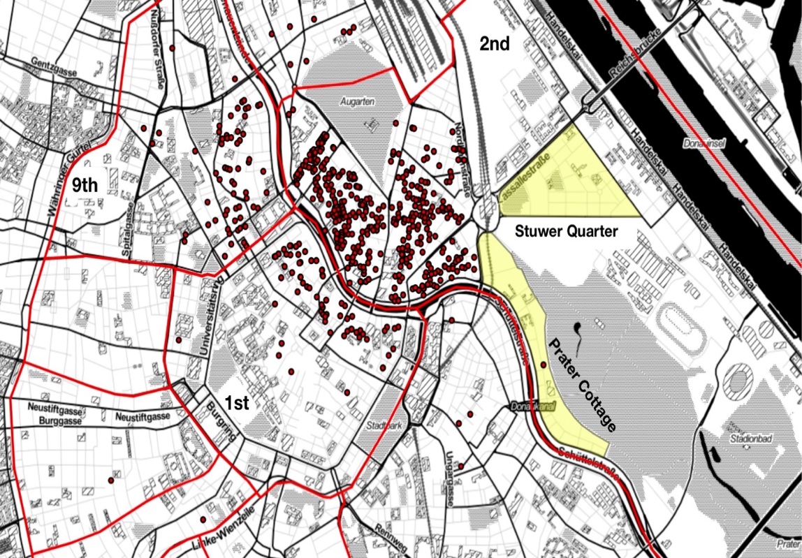 Fig. 7: “Jewish houses,” which held more than 25 Holocaust victims over the course of the war, in the 1st, 2nd and 9th district showing the further concentration of Jews in one area – in stark contrast to the Stuwer Quarter and Prater Cottage areas (February 1941 – October 1942).