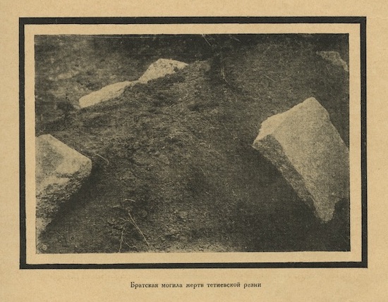 Fig. 1: “Tetiev, Mass grave”, in Z. S. Ostrovskii, Evreiskie pogromy, 1918-1921
(Moscow: Shkola i kniga 1926), 131. 
Courtesy of the Blavatnik Archive, New York.