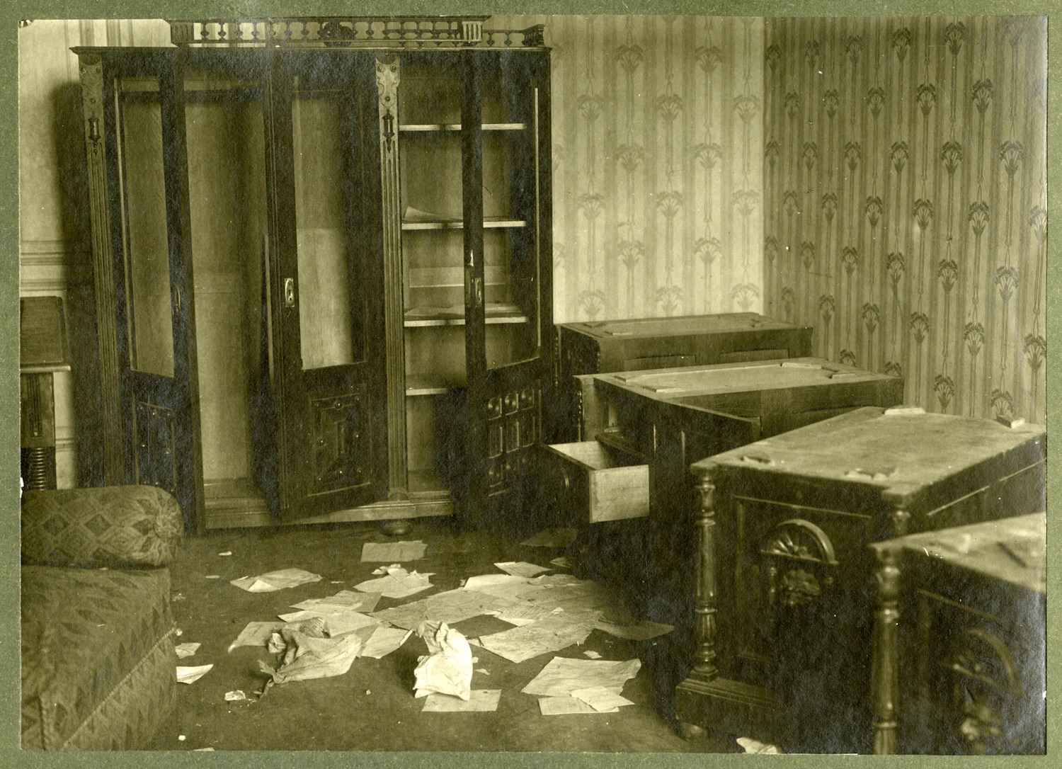 Fig. 3: The interior of the offices of the Central Committee for Aid to Jewish Pogrom Victims after being vandalized by members of the Volunteer Army, October or November 1919, Kiev. YIVO Institute for Jewish Research RG 80-89 f. 54591
